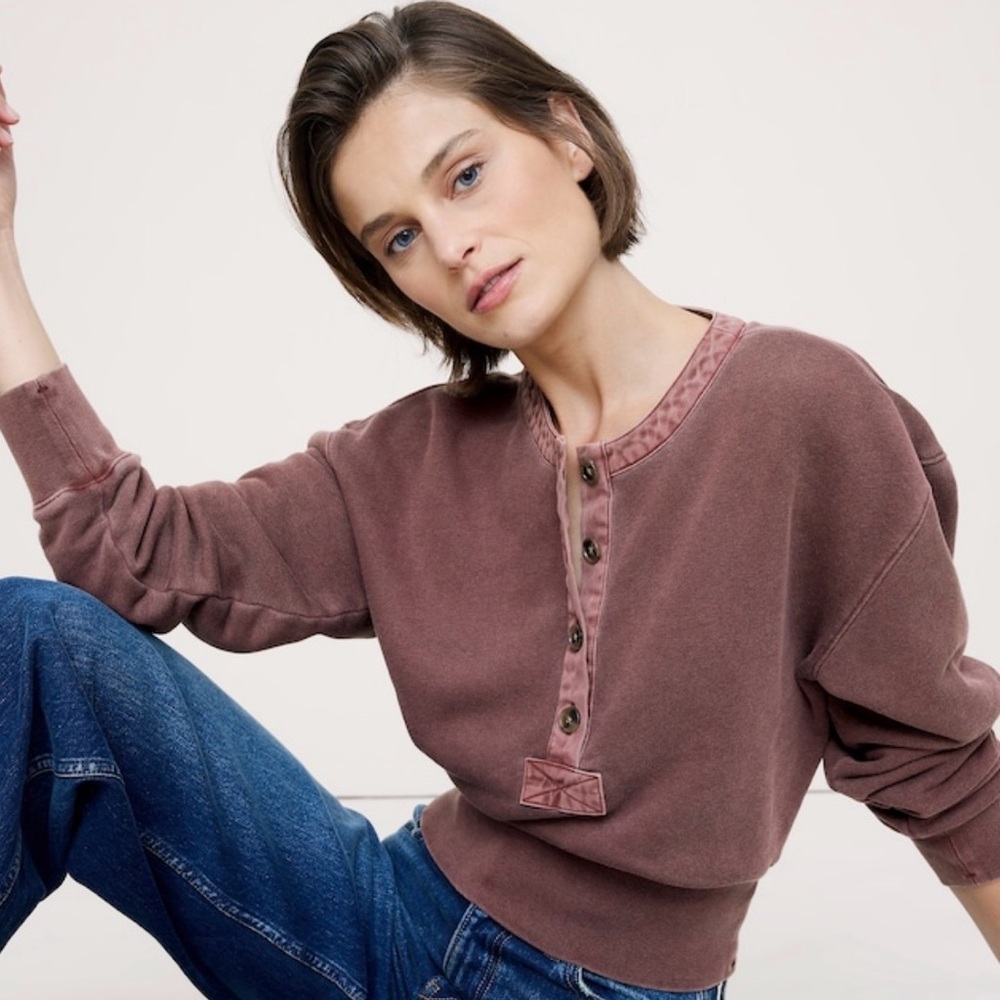 Nwt Banana Republic French Terry Henley Molasses Brown Sweatshirt Sz Xxs.